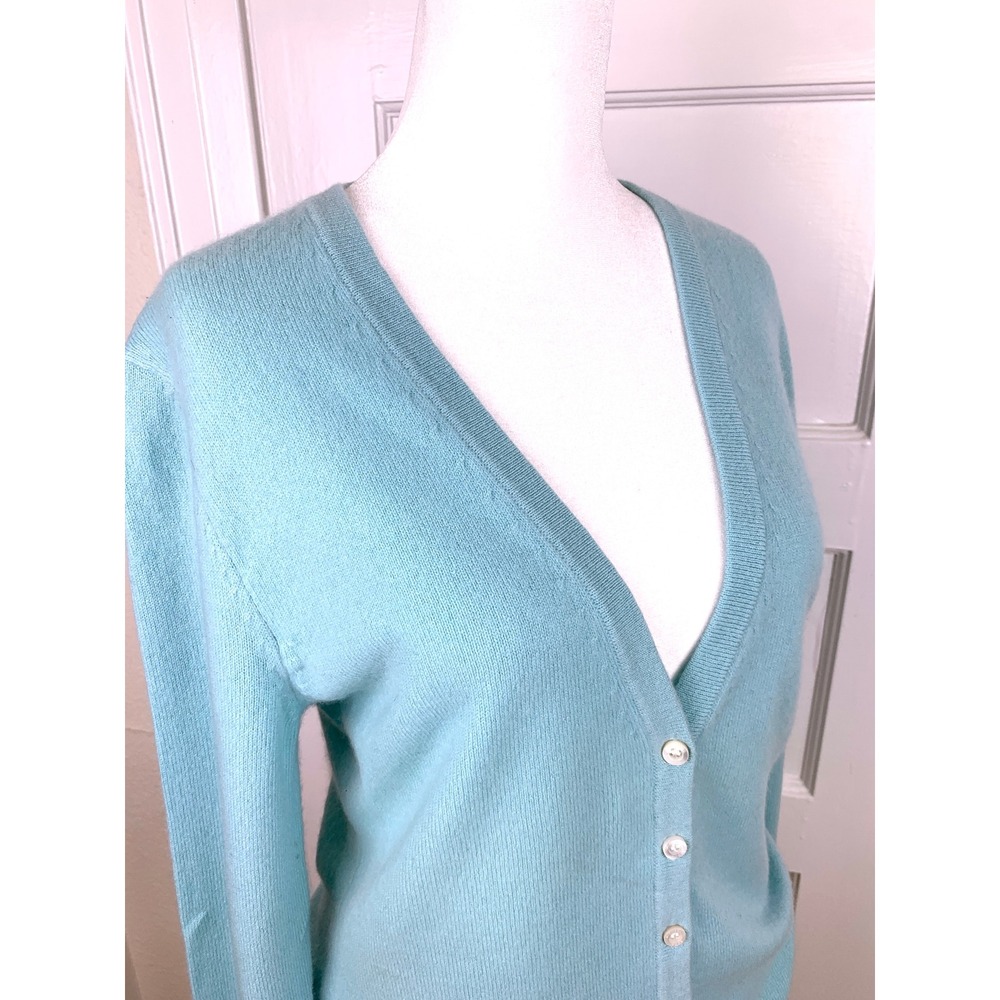 Michael Kors 100% Cashmere V-Neck Cardigan M Pastel Teal Blue Italian Yarn - Picture 2 of 16